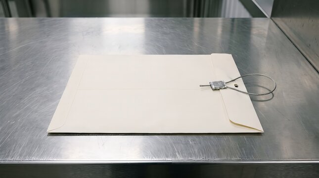 Beige Office Envelope with String Closure Resting on a Polished Stainless Steel Countertop Surface