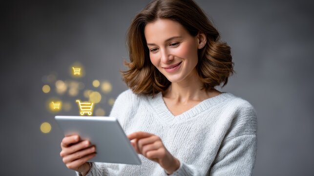 Smiling Woman Using Tablet for Online Shopping: A happy woman with a warm smile looks down at her tablet, seemingly engrossed in online shopping, with glowing shopping cart icons floating around her.