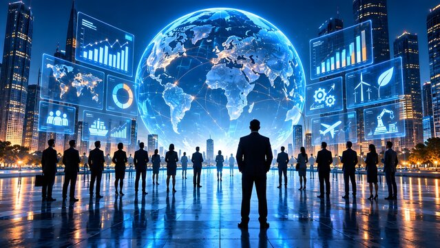 Global Business Leadership Team Looking at Glowing Earth Dashboard Representing Corporate Strategy and Digital Transformation