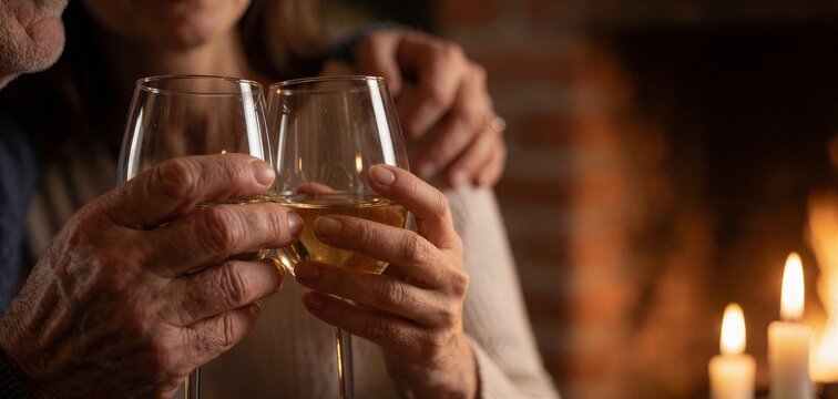 A close-up of intertwined hands holding wine glasses against a warm, cozy background suggesting a family Christmas dinner setting.