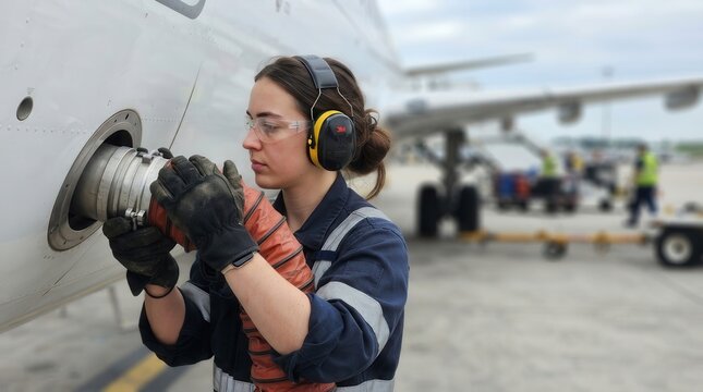 Female Aircraft Technician Performing Maintenance on Commercial Jet