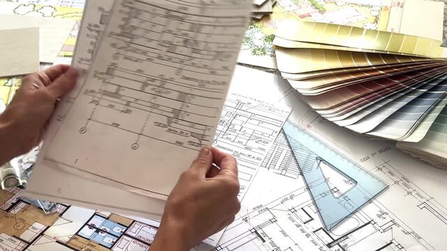 Interior designer reviewing a residential floor plan with color swatches and material samples, planning a modern home renovation and selecting finishes.