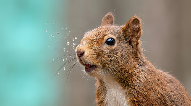 Squirrel, water and shaking in nature for wildlife, animal behavior and outdoor photography. Furry rodent, small mammal and action shot with forest background, environment and creature lifestyle