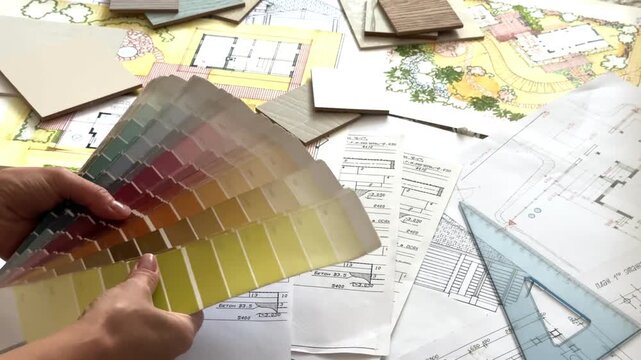 Interior designer reviewing a residential floor plan with color swatches and material samples, planning a modern home renovation and selecting finishes.