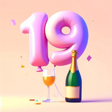 Birthday and Anniversary Celebration with Champagne and Number 19 Balloon
