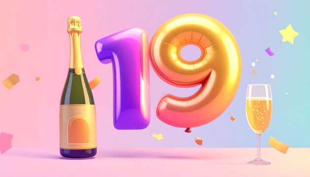 Birthday and Anniversary Celebration with Champagne and Number 19 Balloon