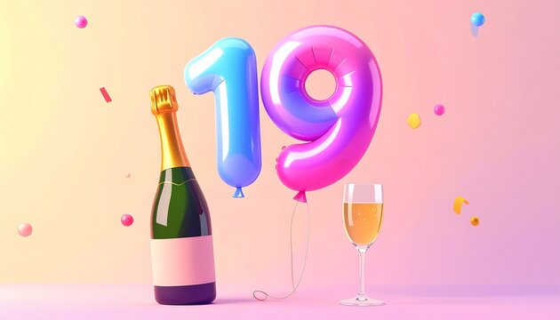 Birthday and Anniversary Celebration with Champagne and Number 19 Balloon