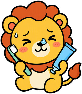 The lion is trying to squeeze toothpaste onto the toothbrush.