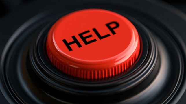 Close-up of red emergency help button on black control panel indicating urgent assistance or alert concept for safety and support