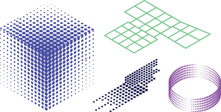 Architectural Isometric Structure Vector Collection with Halftone Geometric Blueprint Elements and 3D Perspective Shapes for Modern Spatial Designs
