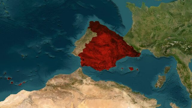 Spain highlighted in red on satellite map of Europe with digital motion video graphics