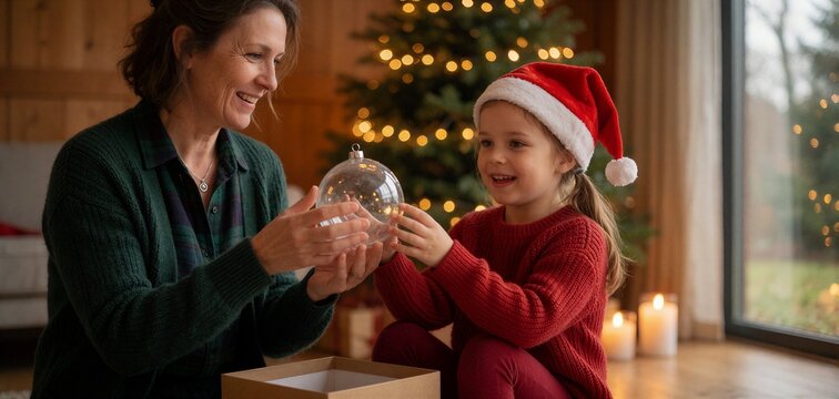Celebrating Christmas at home as a woman gives a glass ornament to an excited young girl near a glowing Christmas tree.