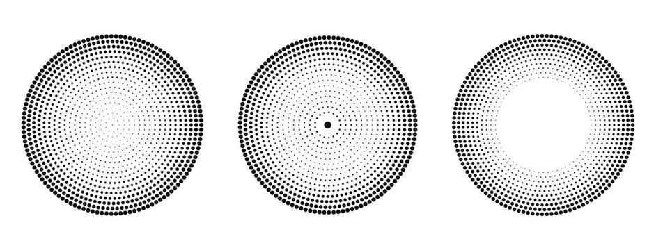 Set of abstract circular dot patterns, radial halftone elements, geometric design shapes isolated on transparent background