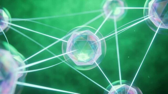Abstract qubit floating spheres vibrating rapidly in a vivid chroma green environment connected by delicate strings of pure white light.
