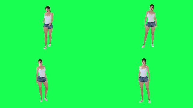 Young woman standing in symmetrical neutral pose in 4 angles on chroma key green screen