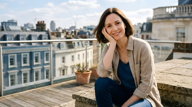 Woman, lifestyle and rooftop in city for travel, London and summer. Happy person, terrace and apartment with urban view, outdoor portrait and morning routine for social media content marketing ideas.