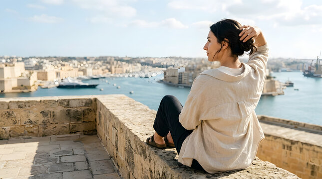 Travel, woman and view of city from rooftop for vacation, holiday and relaxation. Female, tourist and harbor with ocean, architecture and horizon in Mediterranean with leisure and peaceful summer