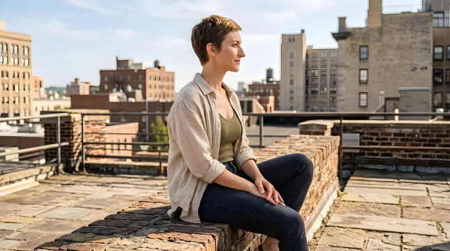 Woman, city rooftop and sitting while looking away for urban lifestyle, relaxation and peace. Female, casual clothes and short hair on balcony with skyline, apartment living and outdoor dreaming
