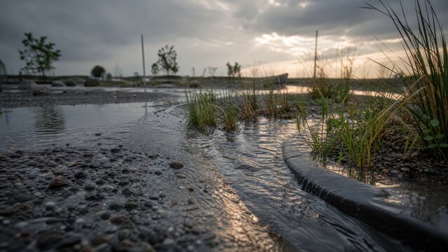 Dark, wet ground reflects a brooding sky