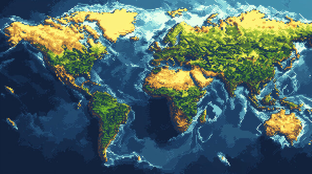 픽셀 아트 스타일의 판타지 세계지도 일러스트, Pixel art style fantasy world map illustration