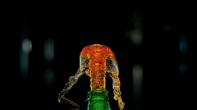 Dynamic Golden Liquid Erupting from a Green Bottle