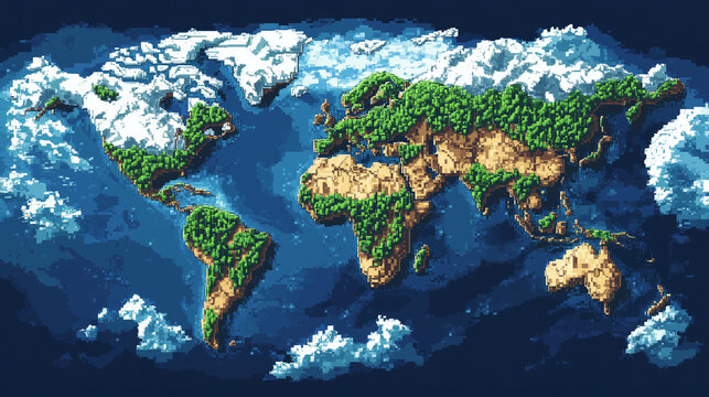 숲과 빙하 지대가 돋보이는 픽셀 세계지도, Pixel art world map highlighting forests and ice zones