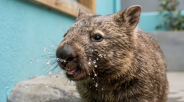 Wombat, Australian wildlife and animal drinking water in sanctuary for nature, zoology and environmental conservation. Marsupial, wet fur and head close up with droplets, splash and outdoor park