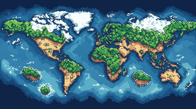 선명한 대륙 윤곽의 판타지 픽셀 아트 세계지도, Fantasy pixel art world map with clear continent outlines