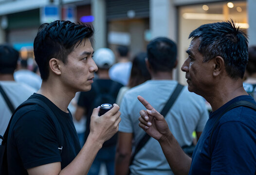 Conflict and disagreement, two men having a serious conversation or argument in a crowded urban street with intense facial expressions and body language