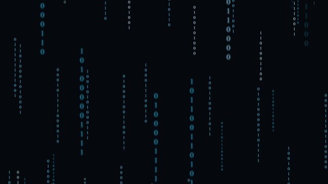 falling letters loop animation featuring a seamless blue holographic binary code data stream. Falling ones and zeros in a high-tech corporate network environment. Perfect for digital technology,