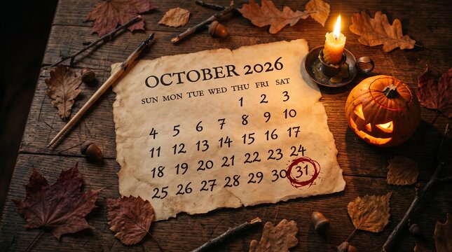 October 2026 calendar page with the thirty first date circled on a rustic wooden table with vintage paper calendar carved pumpkin autumn