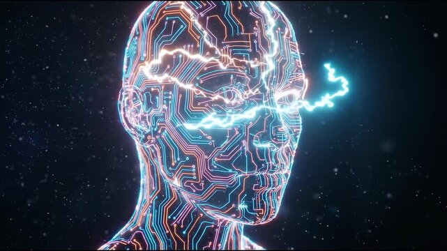AI brain circuit profile glowing neon blue orange pink circuit lines forming human head, dark cosmic circuit void with dark black backdrop, cinematic