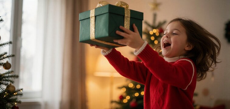 Joyful young girl excitedly holding a large green gift box above her head in a warmly lit holiday setting.