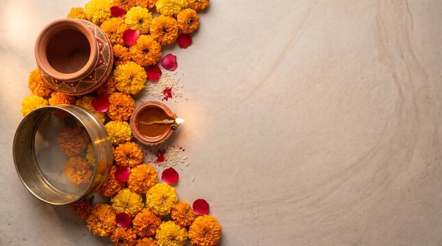 Karva Chauth Puja Background with Diya Sieve and Marigold Flowers