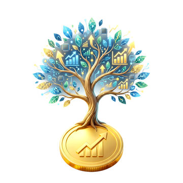 Financial growth concept with a tree of money and charts isolated on transparent background