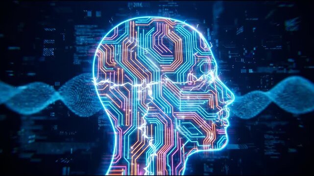 AI brain circuit profile glowing neon blue orange pink circuit lines forming human head, deep blue digital void with dark black backdrop, high-contras