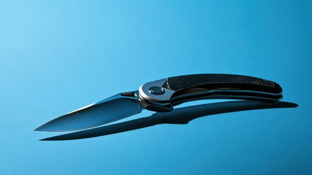 Sleek modern folding knife with black textured handle and sharp metallic blade on vibrant blue surface casting shadow