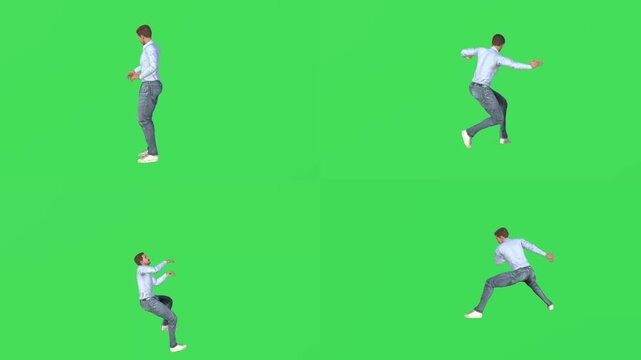 Man in half-crouched defensive hiding posture in 4 angles on green screen chroma key