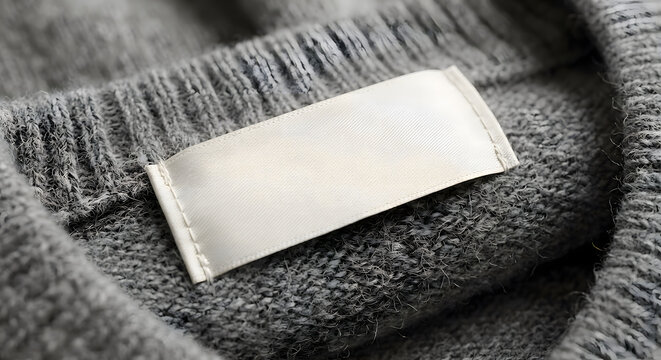Blank woven silk clothing label mockup on plush grey cashmere knitwear - V1