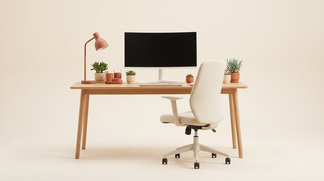 Minimalist modern home office workspace with a wooden desk comfortable ergonomic chair computer monitor and small succulent plants on a clean beige studio background for professional creativ