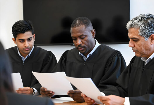 Judicial deliberation and legal justice, diverse judges reviewing court documents and case files during a formal legal proceeding in a courtroom