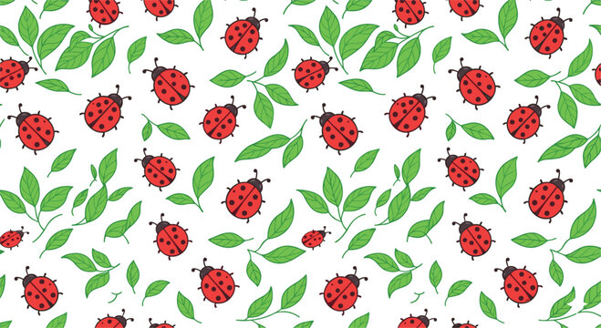 Cute Ladybug and Green Leaves Vector Seamless Pattern Featuring Red Spotted Beetles and Botanical Branches for Spring and Summer Surface Designs