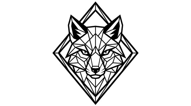 Stylized geometric fox head emblem framed in a rhombus border with geometric abstract wildlife illustration monochrome creature predator stylized minimalist creative artistic USA, American, United Sta