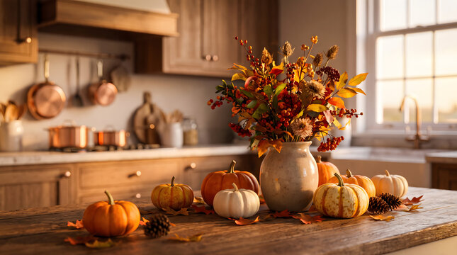 Warm autumn kitchen still life with pumpkins and fall floral arrangement