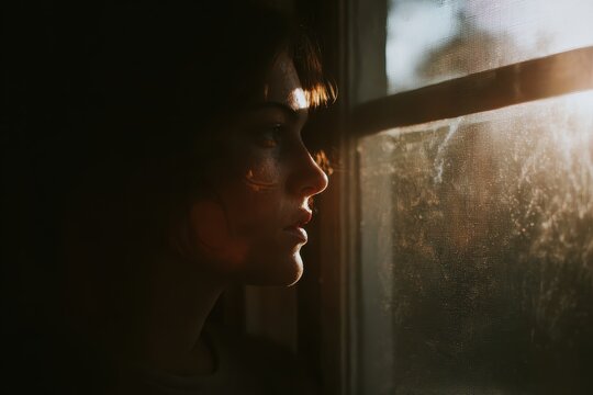Pensive woman looks out a window. Warm light highlights her profile, enhancing the mood of solitude and introspection