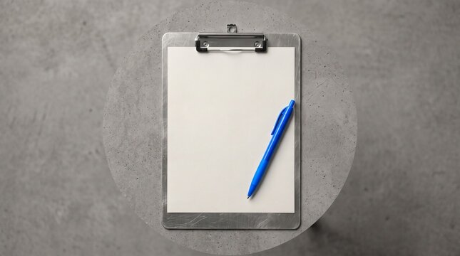 Minimalist top view of a blank white sheet of paper on a metal clipboard with a blue pen resting on a grey concrete round table surface for professional office workspace concept and design m