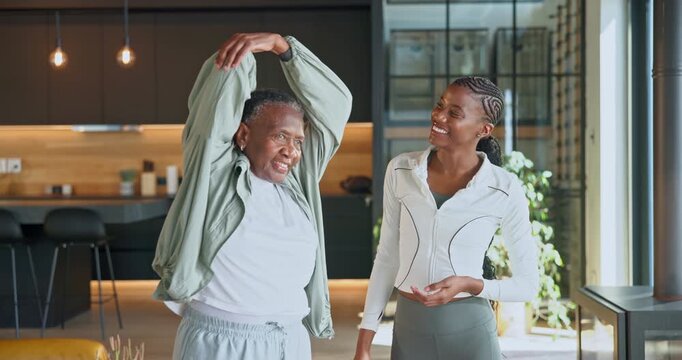 Black people, stretching and old woman at house for physio, mobility and physical therapy guidance. Physiotherapist, help or senior person in home for fitness, physiotherapy and rehabilitation advice