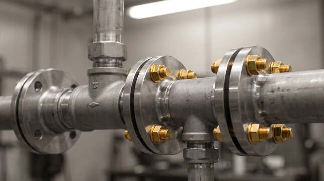 Industrial metallic pipe assembly with bolted flanges and brass hardware in a professional workshop setting representing engineering infrastructure and mechanical pipefitting maintenance clo