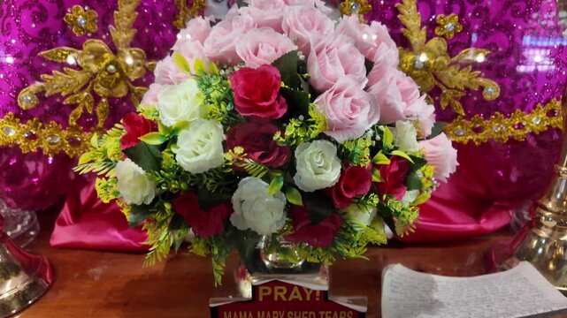 Floral arrangement on altar at Simala Shrine in Cebu