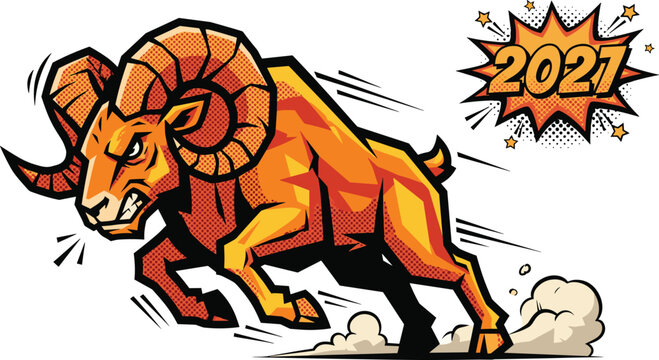Aggressive ram charging vector illustration, comic pop art style with 2021 sign for sports mascot design